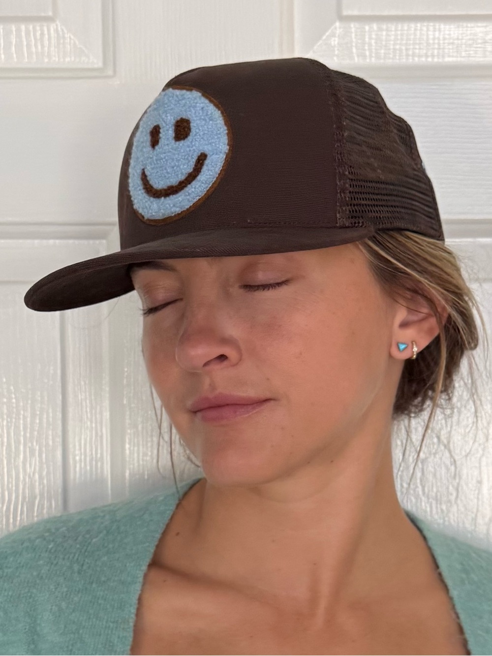 VALAS Brown Trucker Hat with Light Blue Smiley Patch
